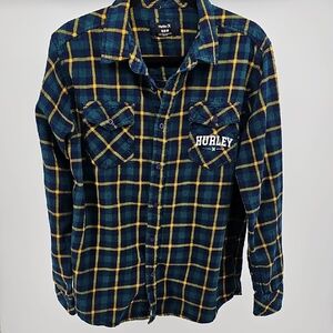 Hurley Men's Navy and Gold Checkered Shirt SIZE M Flannel, Gorpcore, Cabincore